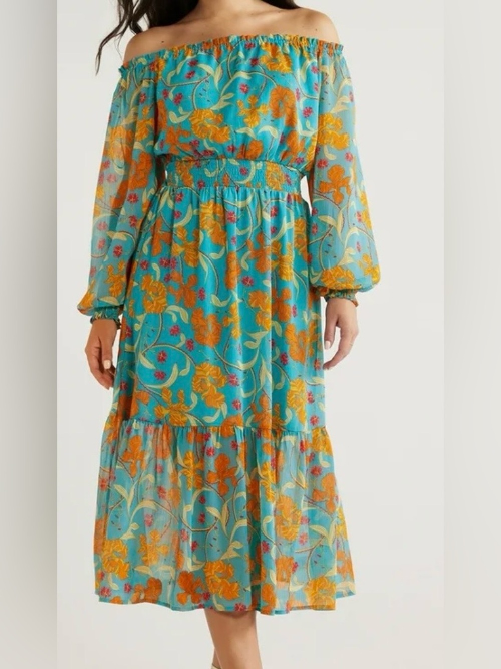 New Floral Tiered Midi Dress with Off Shoulder Blouson Sleeves